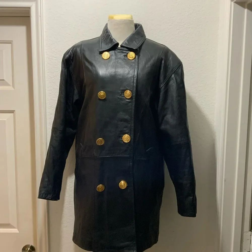 Gino di Giorgio Black Leather Button Up jacket M with gold buttons